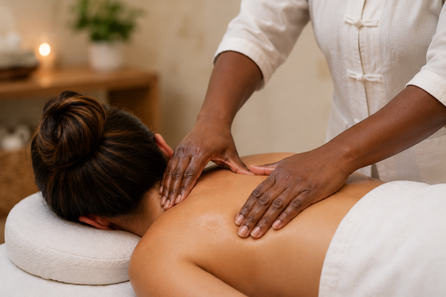 Tui Na Chinese massage performed on a patient’s upper back and shoulders